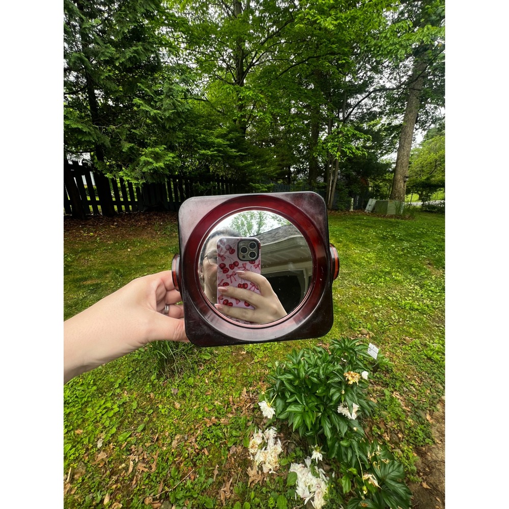 Vtg Space Age MCM Red Acrylic Double‎ Sided Vanity Mirror Tilting Magnifying 70s